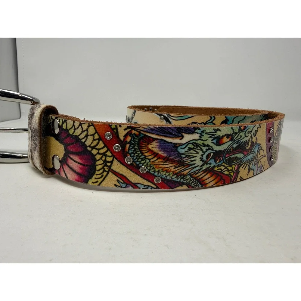 Ed Hardy Mens Dragon Tattoo Leather Belt Rhinestone Crystal White EH3243 Size S